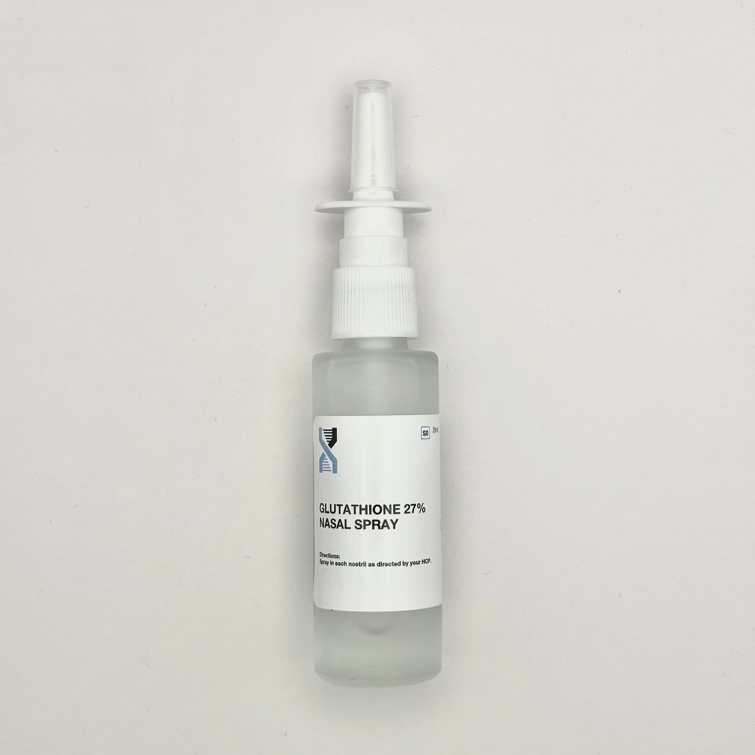 Glutathione 27% nasal spray bottle on a light gray background